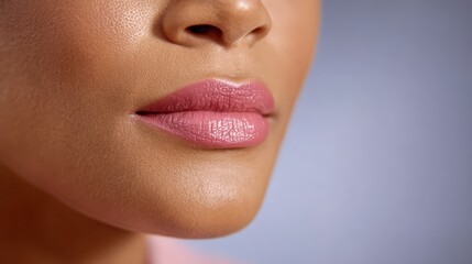 Obraz premium Golden hour in minimalist scene, Close-up of smooth, glowing skin and pink lips with subtle makeup on a woman's lower face against a soft light background.