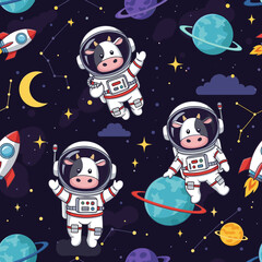 Adorable cows in space suits: A seamless pattern for kids' clothing, fabric, or space-themed projects.