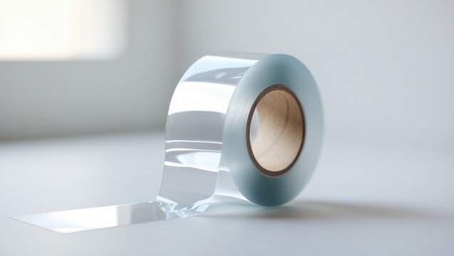 Clear adhesive tape roll on a white surface with natural light coming through. Sticky tape for packaging and sealing. Transparent adhesive tape for office and household use