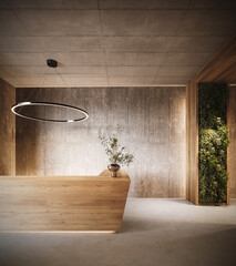 Modern lobby design with wooden reception desk and concrete wall background. 3D Rendering, 3D Illustration