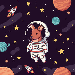 Fototapeta premium Cute Kangaroo Astronaut in Space: Perfect for kids' books, posters, or space-themed apparel.