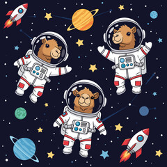 Three cute camels in astronaut suits floating in space, perfect for children's books, apparel, or websites.
