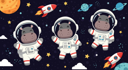 Cute Hippos in Space: Perfect for children's books, educational materials, or space-themed designs.
