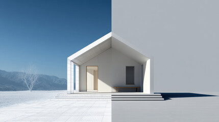 Blueprint to Reality, A minimalist, 3D-rendered scene showing a house transitioning from a blue line-art blueprint on one side to a solid white model. on light gray background. 3d illustration.