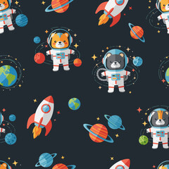 Adorable animal astronauts in space: seamless pattern for kids' fabric, wallpaper, or textile design.