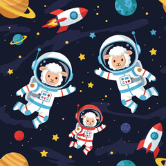 Cute sheep astronauts floating in space, perfect for children's books, textiles, or websites.