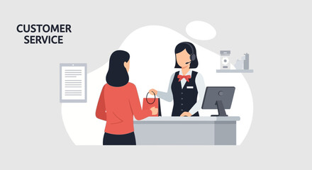 Fototapeta premium Customer Assistance At Information Desk Giving Shopping Bag To Consumer