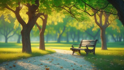 A peaceful park scene with trees and a bench, sunlight streaming through the leaves, and a dirt pathway; serene natural environment.