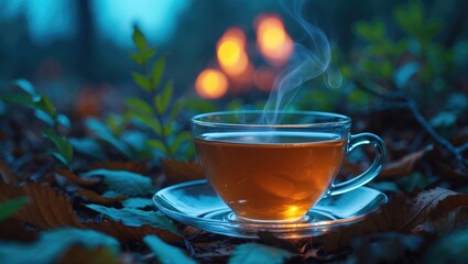 Steaming hot tea in a glass cup with a saucer placed outdoors among leaves and plants. Warm beverage moment in nature. The scene evokes comfort and relaxation.