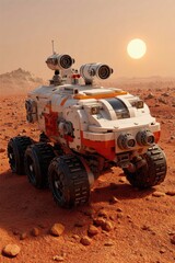 Fototapeta premium Mars exploration rover navigating the red planet under a bright sun