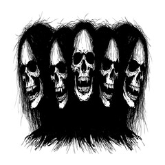 Terrifying cluster hairy skulls, eerie monochrome array screaming skulls, halloween bony head lineup.