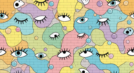 Obraz premium Colorful Eyes and Bubbles on a Brick Wall Seamless Pattern for Graphic Design