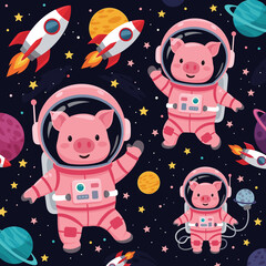 Adorable pigs in astronaut suits exploring space, perfect for children's books or space-themed apparel.