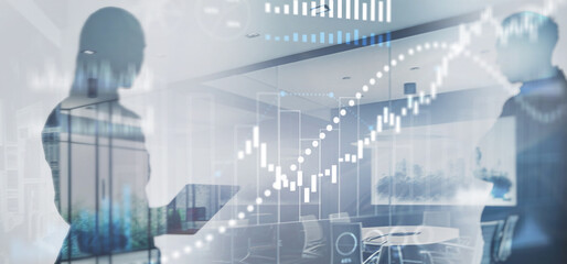 Financial histograms against the backdrop of offices. 2025 Finance background