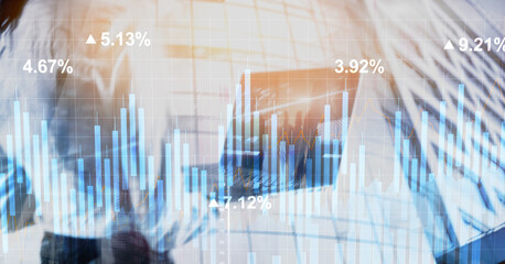 Stock chart wit blue bars, reflecting market trends on grid background