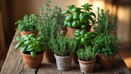 A variety of potted herbs and plants arranged on a wooden surface.