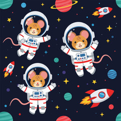 Adorable mice astronauts floating in space, perfect for children's books, textiles, or websites.