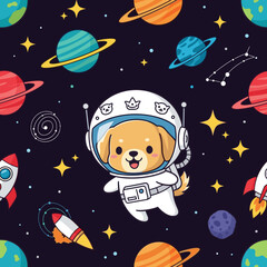 Cute Astronaut Dog Seamless Pattern: Perfect for kids' products, textiles, and space-themed designs.