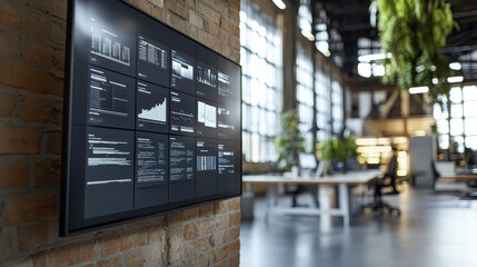 modern office space featuring large digital display brick wall, showcasing data visualizations and analytics. environment is bright and spacious