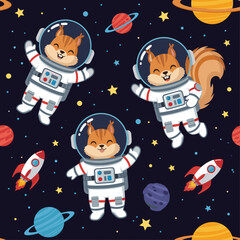 Cute squirrel astronauts floating in space, perfect for children's books, textiles, or educational materials.
