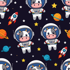 Cute cow astronauts in space: seamless pattern for kids' apparel, fabric, or wallpaper.