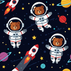 Adorable bear astronauts floating in space, perfect for children's books, textiles, or websites.