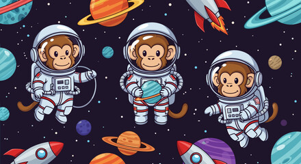 Adorable monkeys in astronaut suits exploring space, perfect for children's books or space-themed projects.