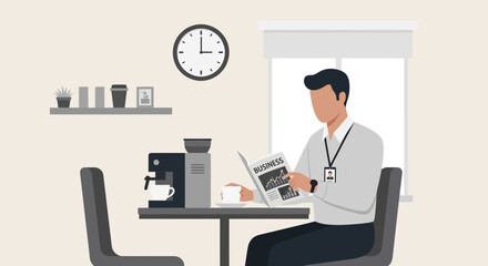 Businessman Reading Financial Newspaper While Enjoying Coffee Break During Office Hours