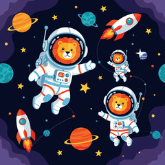 Cute lion astronauts in space, perfect for children's books, textiles, or space-themed projects.