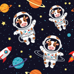 Cute cows in space suits: a fun, whimsical seamless pattern for kids' apparel, fabric, or website.