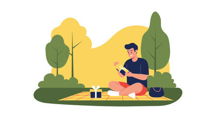 Delighted Man Unboxing Gift At Relaxing Picnic In Nature Environment