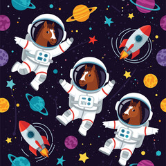 Cute horses in space suits, seamless pattern for kids' clothing or textile design.