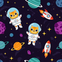 Cute Cat Astronauts in Space: Seamless Pattern for Kids' Products