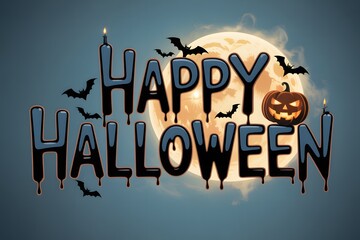 Spooky happy halloween message with dripping letters and flying bats against a full moon