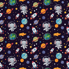 Adorable elephants in space: seamless pattern for kids' textile, wallpaper, or wrapping paper.