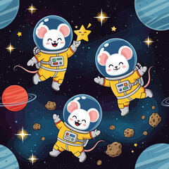 Adorable mice astronauts floating in space, perfect for children's books, textiles, or websites.