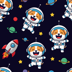 Adorable dogs in astronaut suits floating in space, perfect for children's products or space-themed designs. © Pattern Library