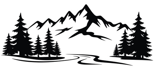 Obraz premium Camping and Wildlife Scene in Black Silhouette with Fir Trees and Mountains