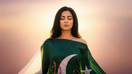 Patriotic young Pakistani woman holding the national flag of Pakistan with pride. Beautiful South Asian female celebrating independence day.