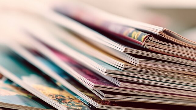 Stacked magazines with colorful pages, blurred focus in a warm, inviting setting