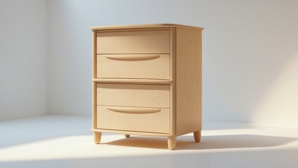 Fototapeta premium A wooden dresser with two drawers and curved handles placed on a white surface with soft lighting.