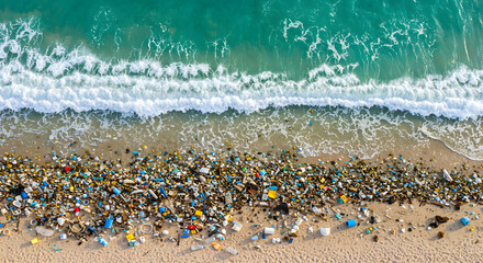 Aerial View of Plastic Waste Lining a Polluted Beach