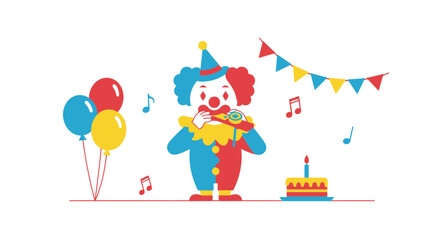 Cheerful Clown Celebrating Birthday Party With Balloons And Cake Illustration