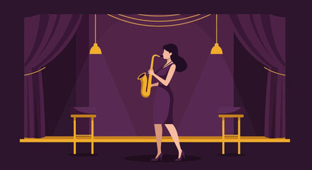 Elegant Woman Performing Jazz Music with Saxophone on Stage Illustration