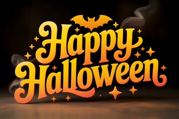Spooky happy halloween lettering with a bat and stars on a dark background