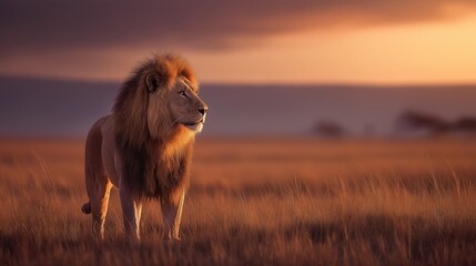 Majestic Lion Standing in Golden Savannah at Sunset – Strong Side Lighting and Warm Natural Tones. World Lion Day Tribute to Wildlife Majesty and Conservation