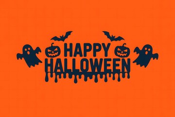 Spooky happy halloween message with ghosts bats and pumpkins on an orange background