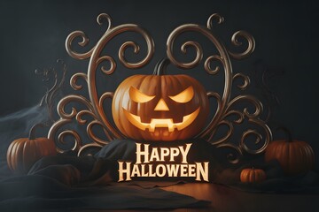 Spooky jack o lantern with glowing eyes and happy halloween sign