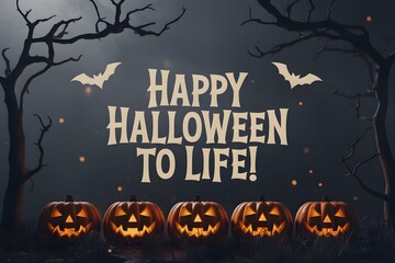 Spooky halloween night scene with glowing pumpkins and bats