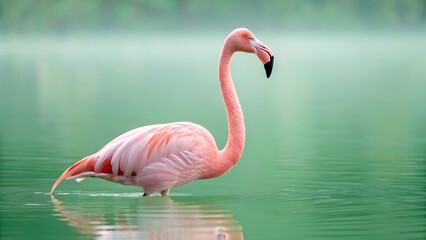 Fototapeta premium Elegant pink flamingo wades in serene green water.jpg